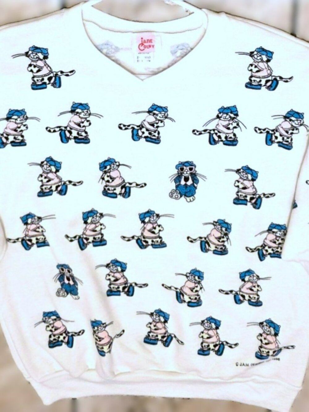 VTG 1986 Jane Colby COOL CATS Sweatshirt L White Puff Print All Over J.A.M. RARE